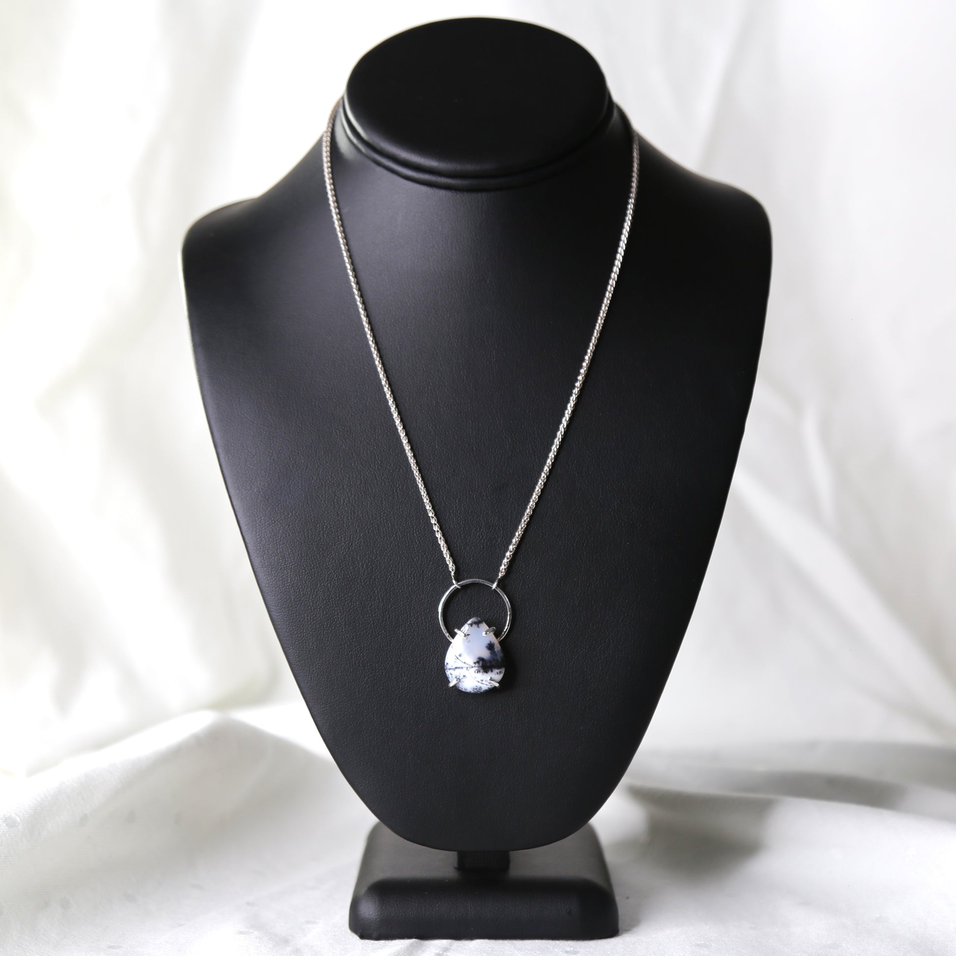 Dendritic Opal White and Black Teardrop Gemstone in Sterling Silver Halo Setting on Wheat Chain