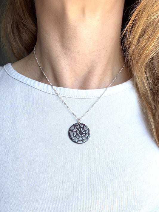 Enamel Spider Web Necklace - Gray/Black