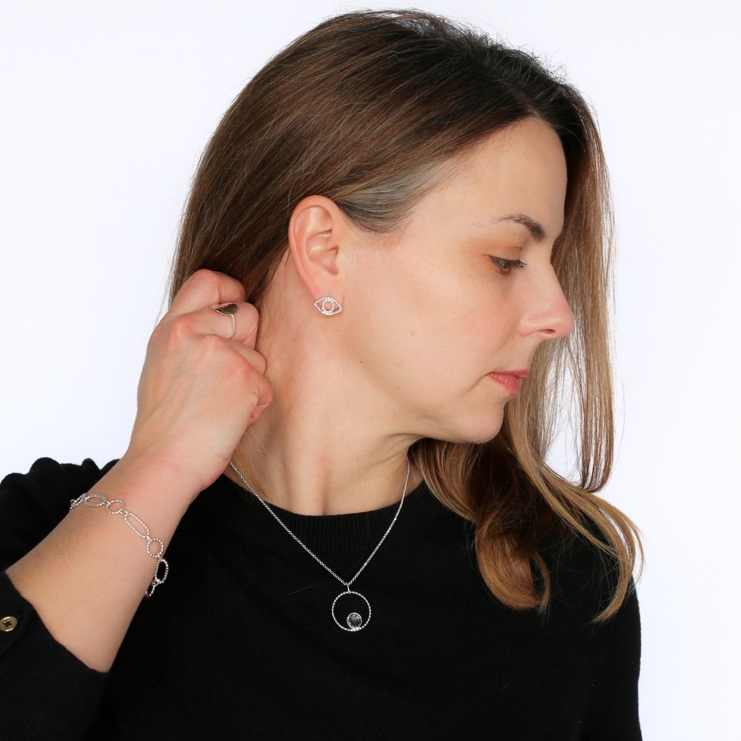 Evil Eye Beaded Sterling Silver Stud Post Earrings. Handmade by Cara Carter Jewelry