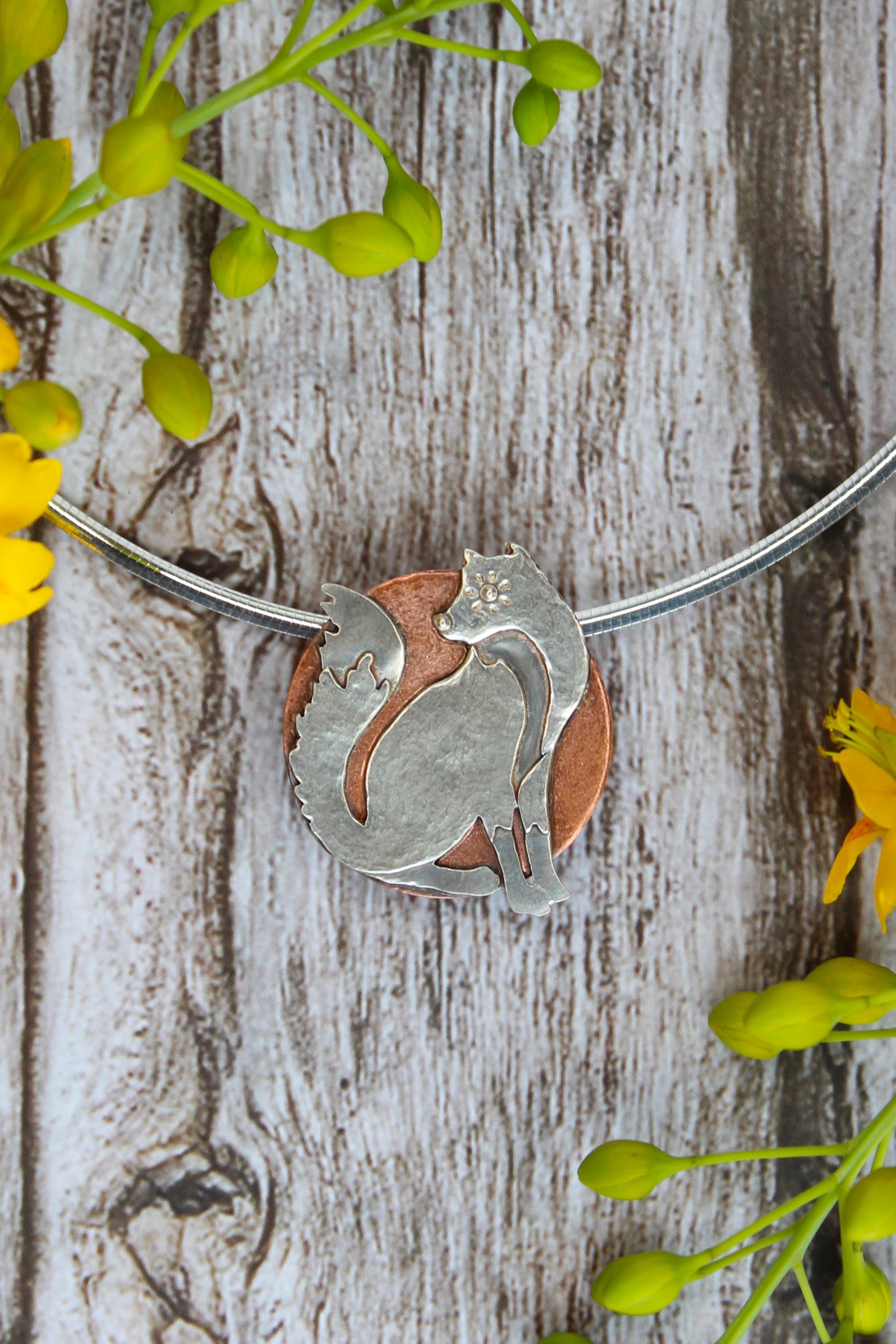 Fox and the Moon - Hand-Pierced Sterling Silver and Copper Pendant Necklace