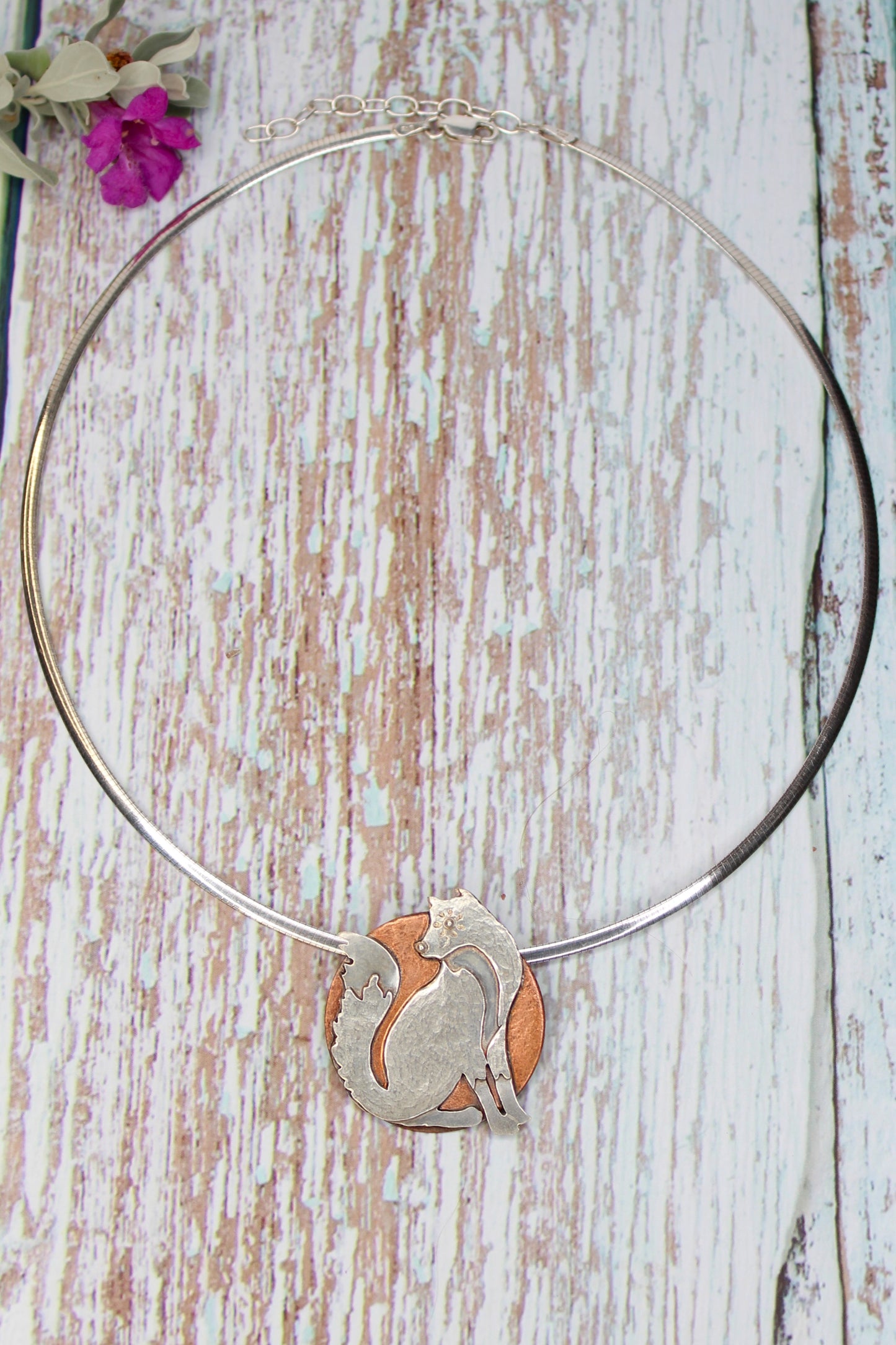 Fox and the Moon - Hand-Pierced Sterling Silver and Copper Pendant Necklace