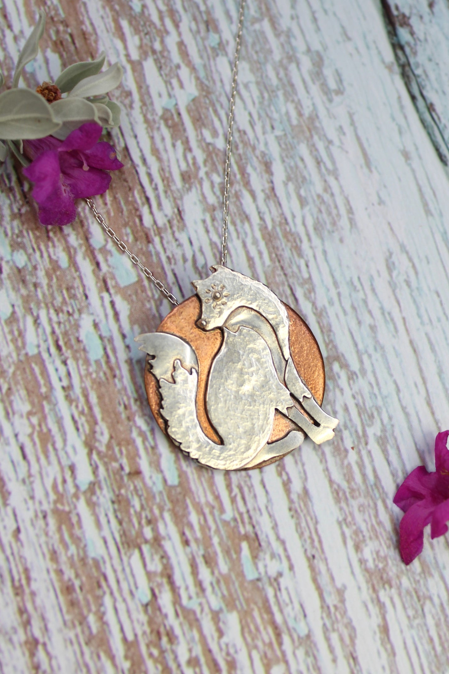 Fox and the Moon - Hand-Pierced Sterling Silver and Copper Pendant Necklace