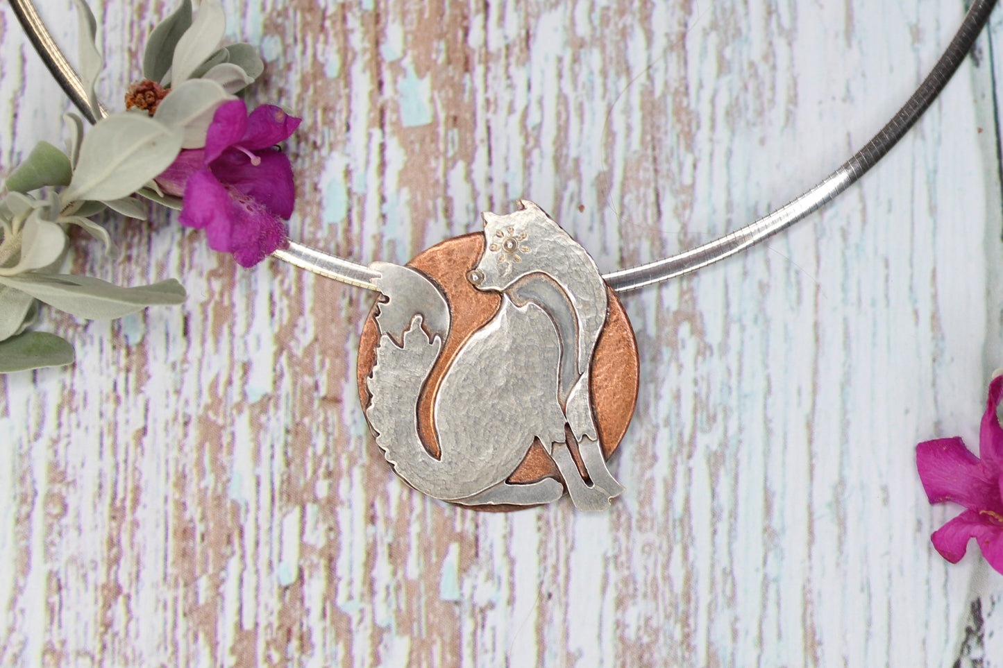 Fox and the Moon - Hand-Pierced Sterling Silver and Copper Pendant Necklace