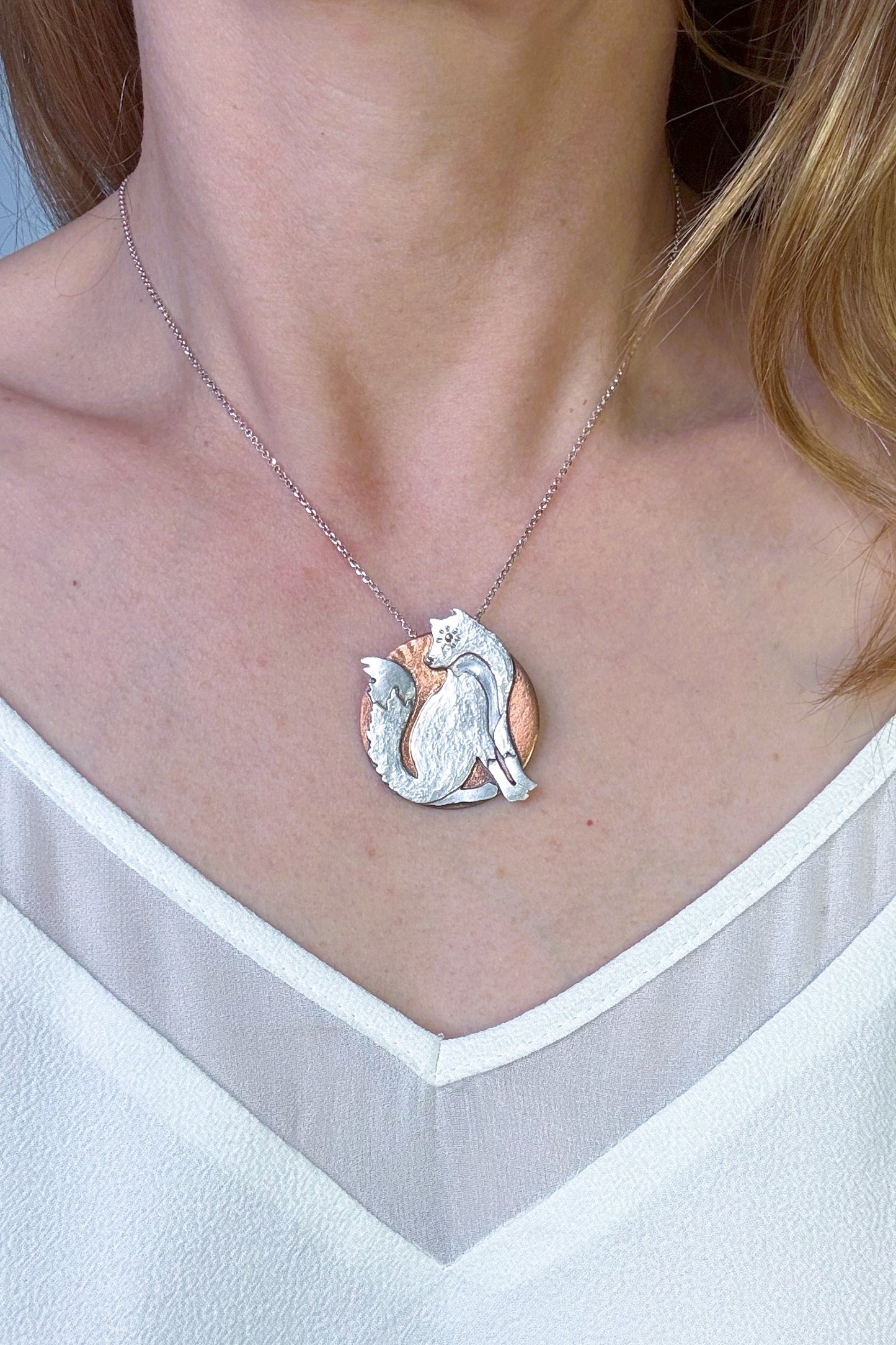 Fox and the Moon - Hand-Pierced Sterling Silver and Copper Pendant Necklace