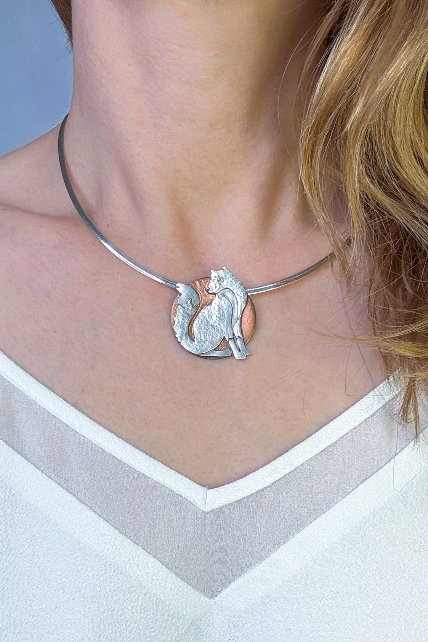 Fox and the Moon - Hand-Pierced Sterling Silver and Copper Pendant Necklace