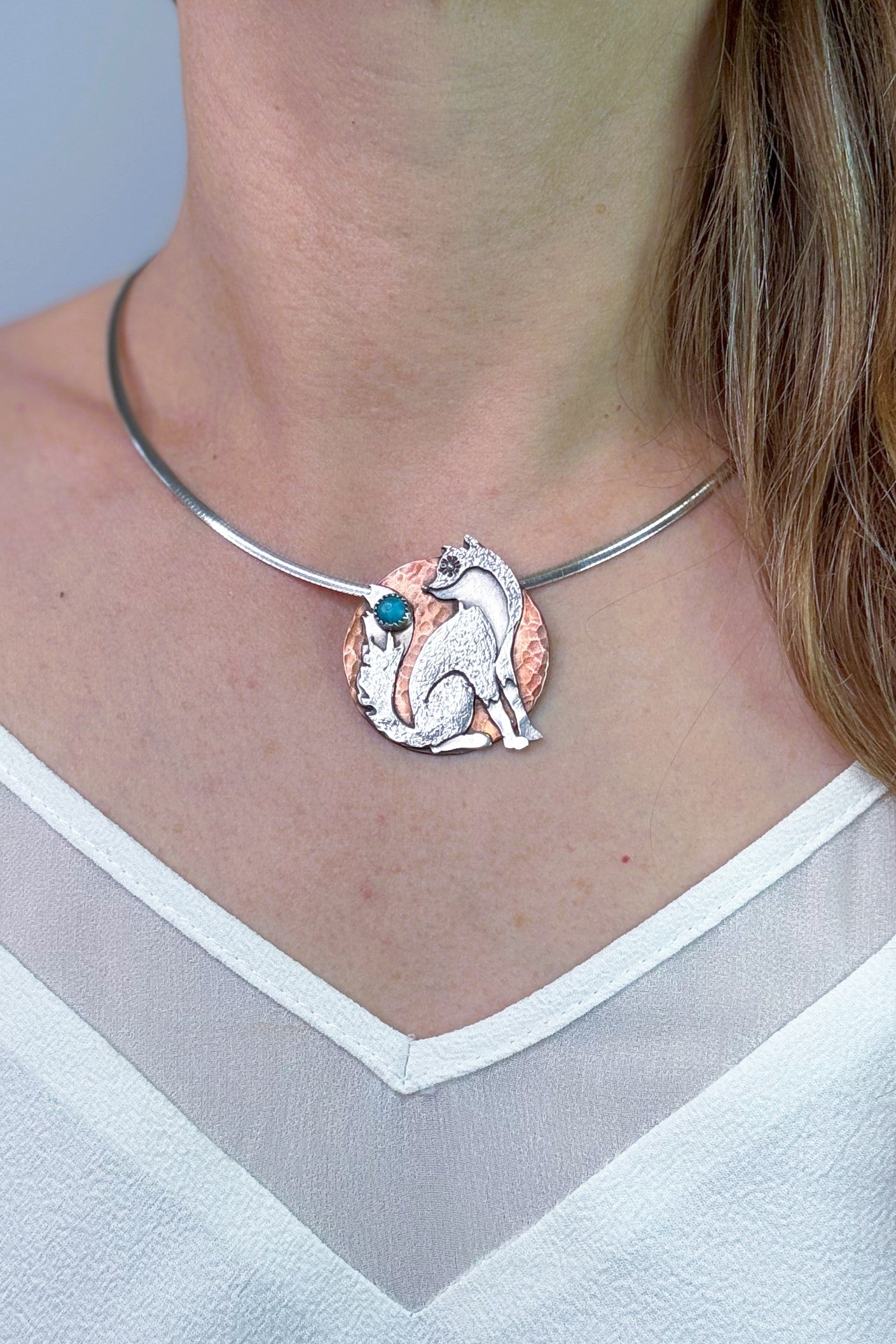 Fox and the Moon - Hand-Pierced Turquoise + Sterling Silver and Copper Necklace