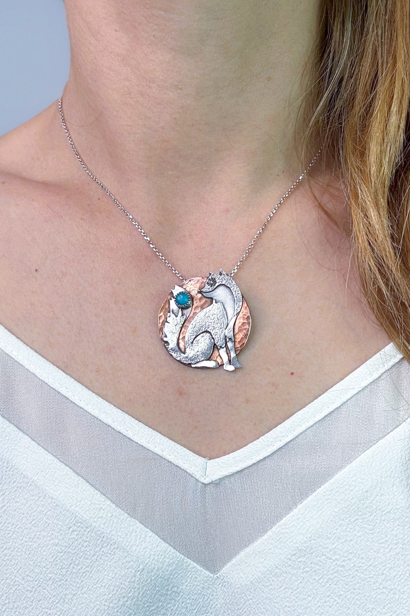 Fox and the Moon - Hand-Pierced Turquoise + Sterling Silver and Copper Necklace