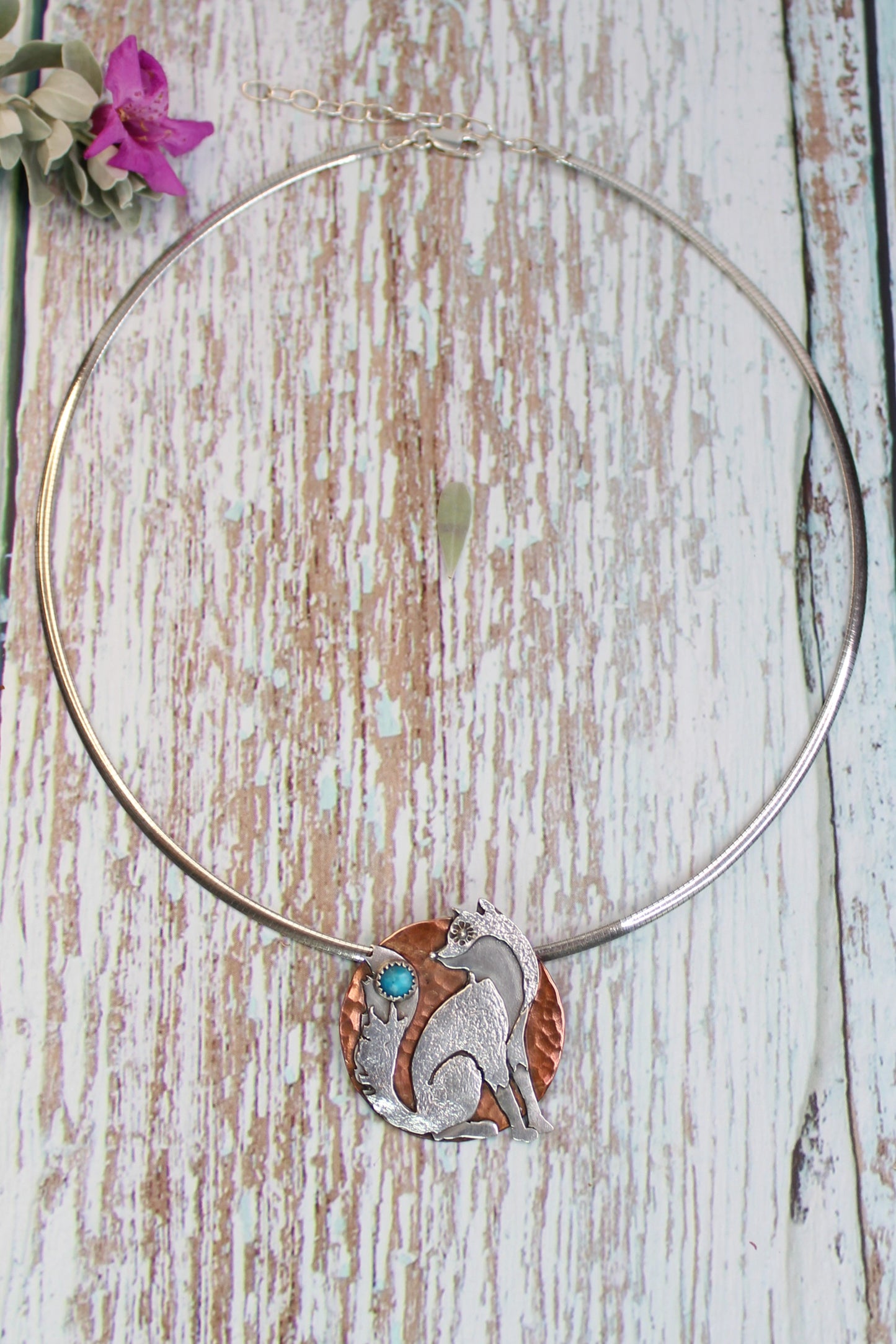 Fox and the Moon - Hand-Pierced Turquoise + Sterling Silver and Copper Necklace