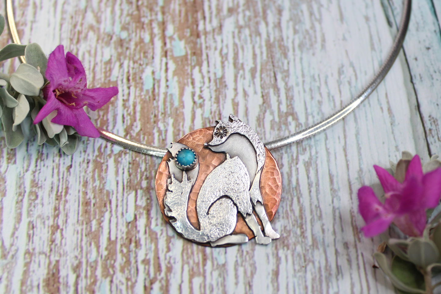 Fox and the Moon - Hand-Pierced Turquoise + Sterling Silver and Copper Necklace