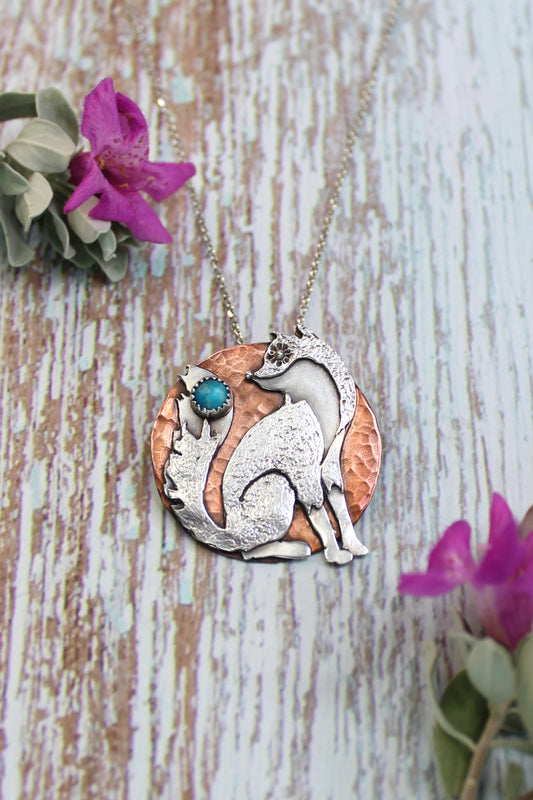 Fox and the Moon - Hand-Pierced Turquoise + Sterling Silver and Copper Necklace