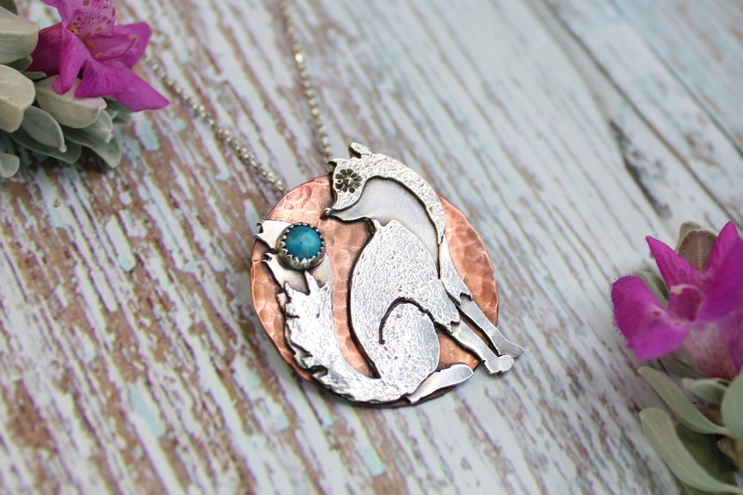 Fox and the Moon - Hand-Pierced Turquoise + Sterling Silver and Copper Necklace