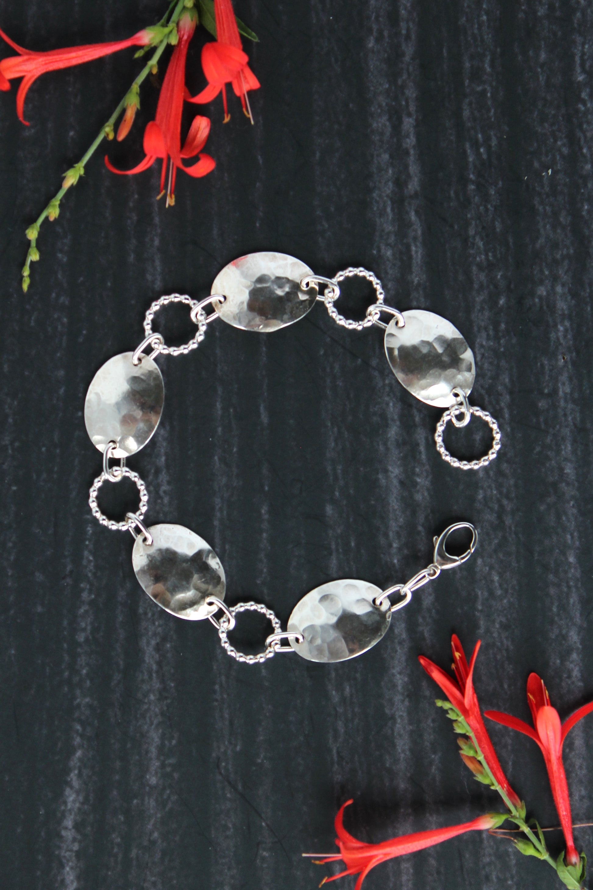 Hammered Shield and Beaded Circle Sterling Silver Bracelet. Handmade by Cara Carter Jewelry