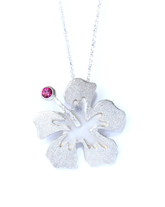 Hibiscus Flower Hand-Pierced Sterling Silver Necklace with Tourmaline