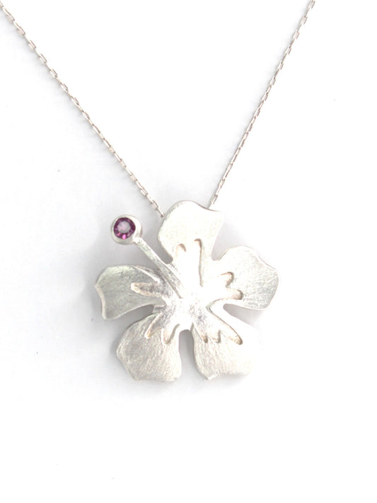 Hibiscus Flower Hand-Pierced Sterling Silver Necklace with Tourmaline