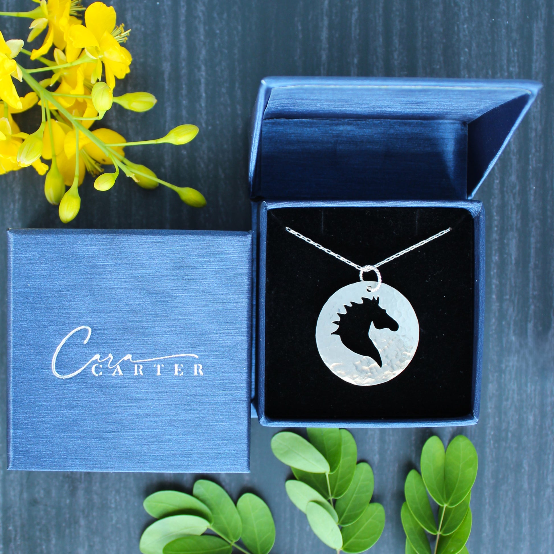 Horse Head Silhouette Handmade Hand-Pierced and Hammered Sterling Silver Circle Pendant Necklace in Gift Box