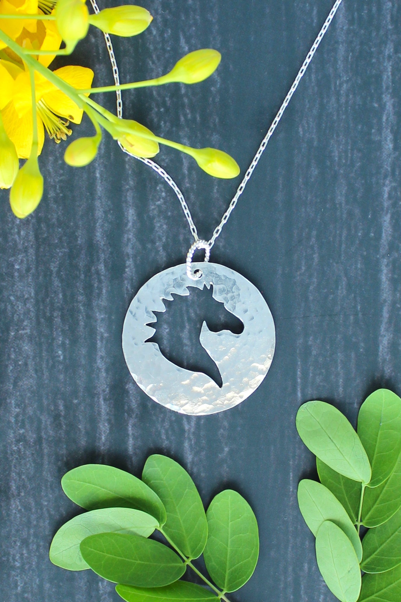 Horse Head Silhouette Handmade Hand-Pierced and Hammered Sterling Silver Circle Pendant Necklace 