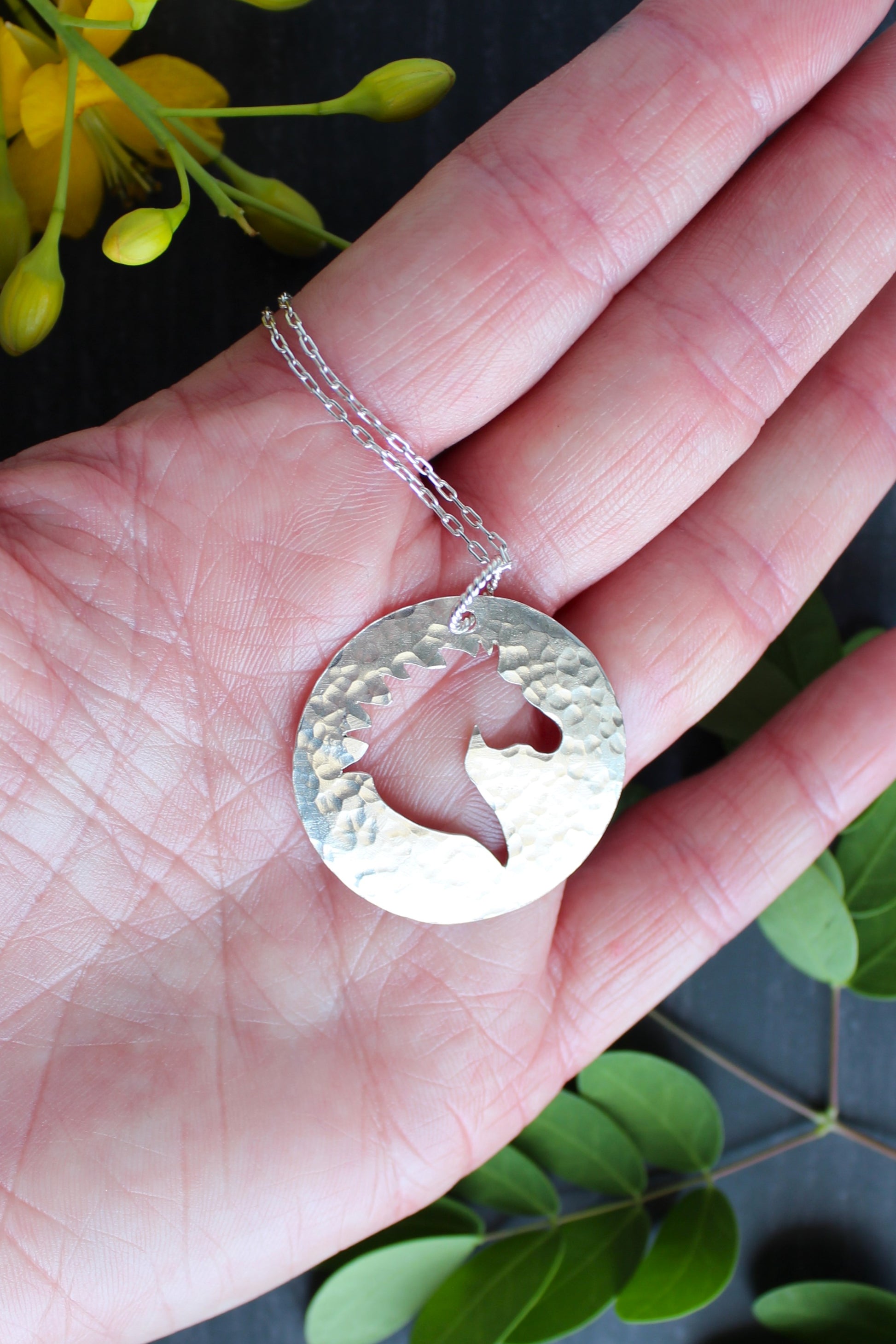 Horse Head Silhouette Handmade Hand-Pierced and Hammered Sterling Silver Circle Pendant Necklace 