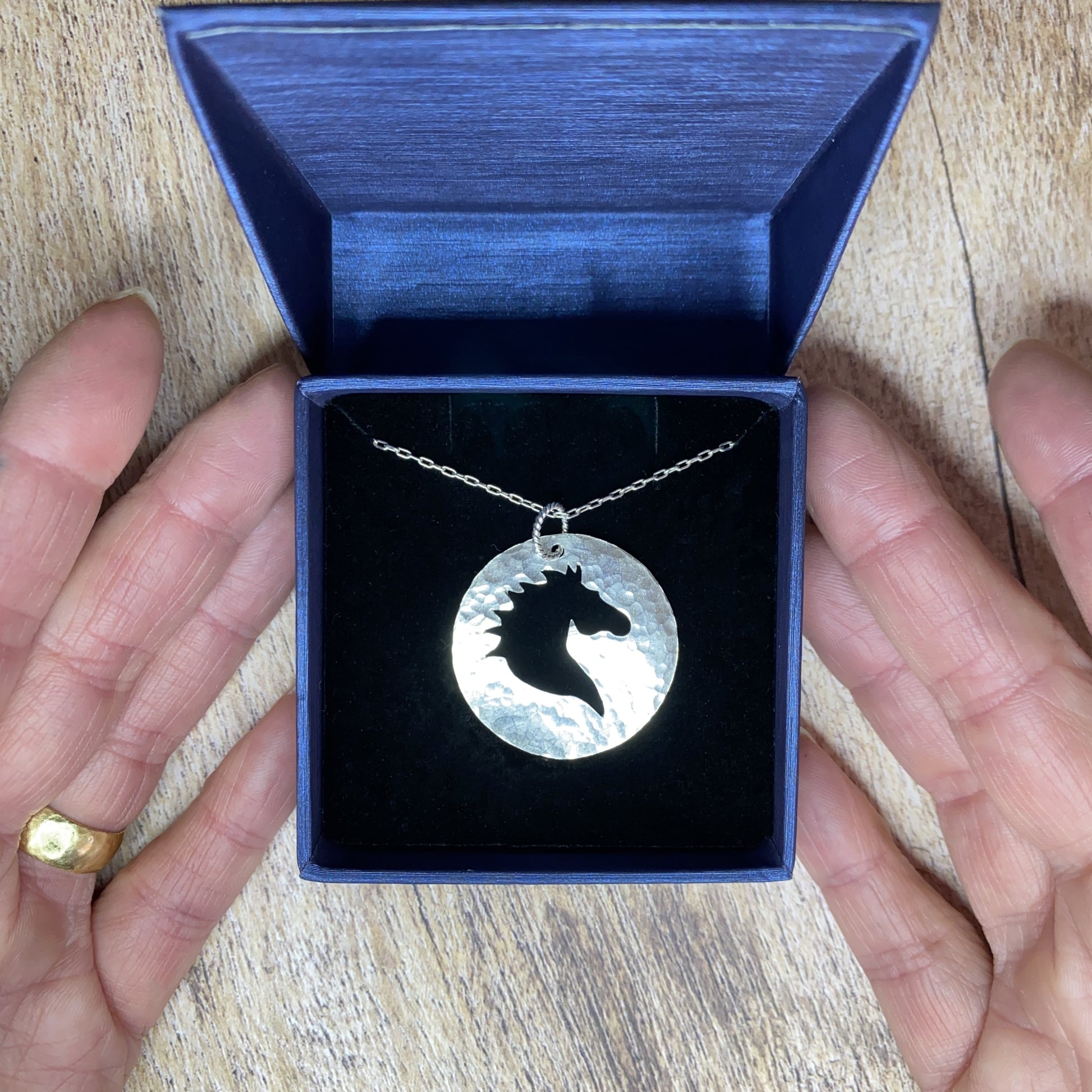 Horse Head Silhouette Handmade Hand-Pierced and Hammered Sterling Silver Circle Pendant Necklace in Gift Box