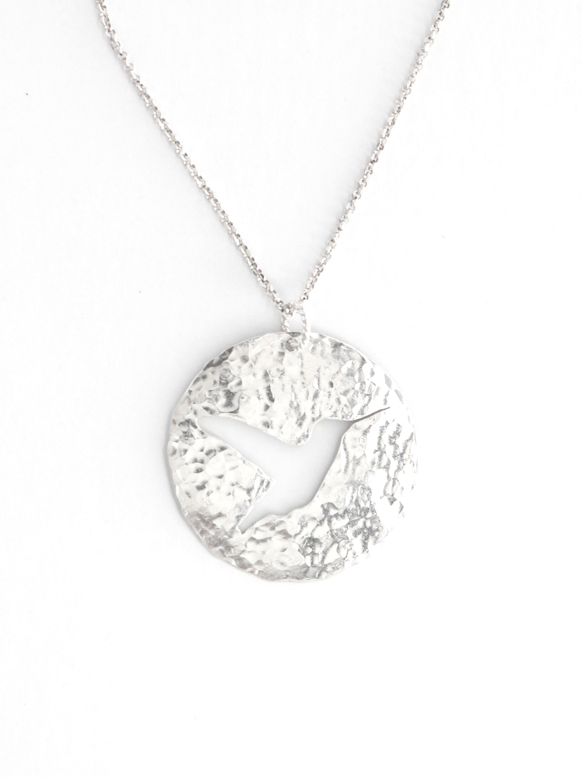 Hummingbird Silhouette Hand Pierced and Hammered Sterling Silver Circle Pendant Necklace for Nature and Bird Lovers