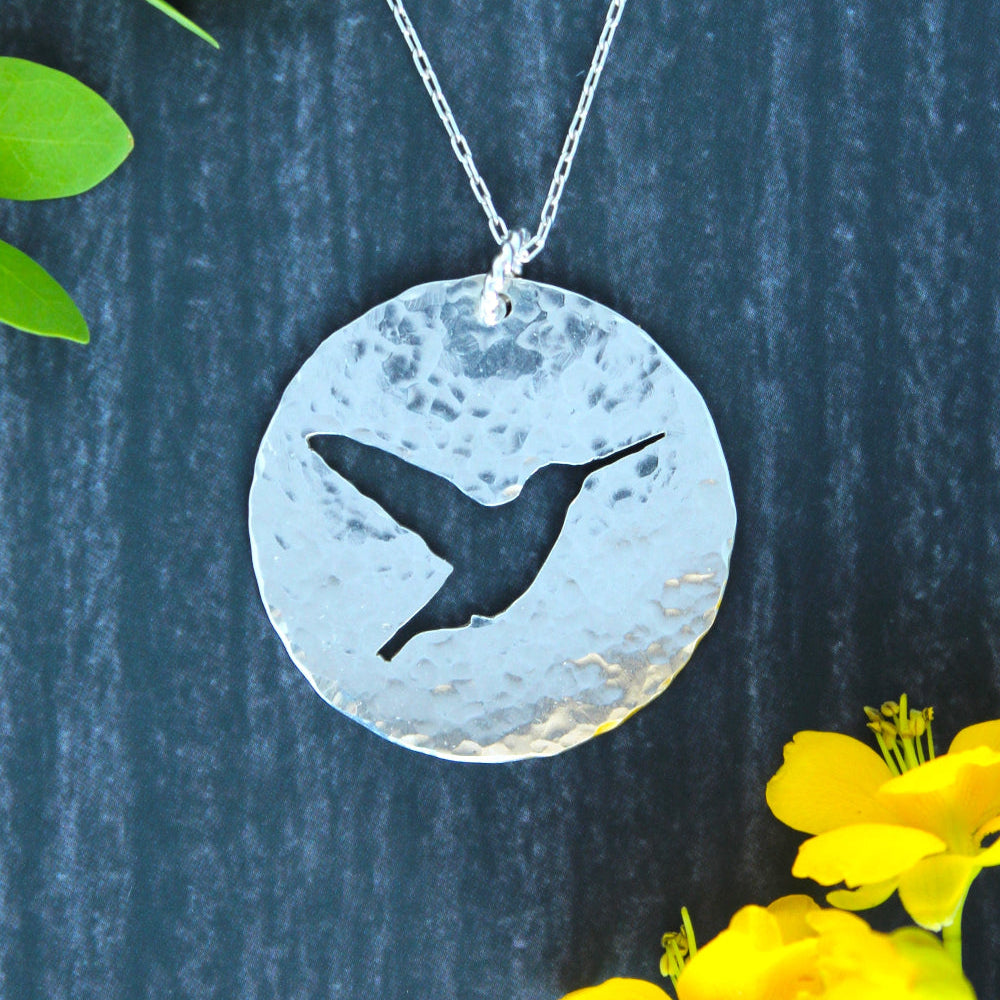 Hummingbird Silhouette Hand Pierced and Hammered Sterling Silver Circle Pendant Necklace for Nature and Bird Lovers