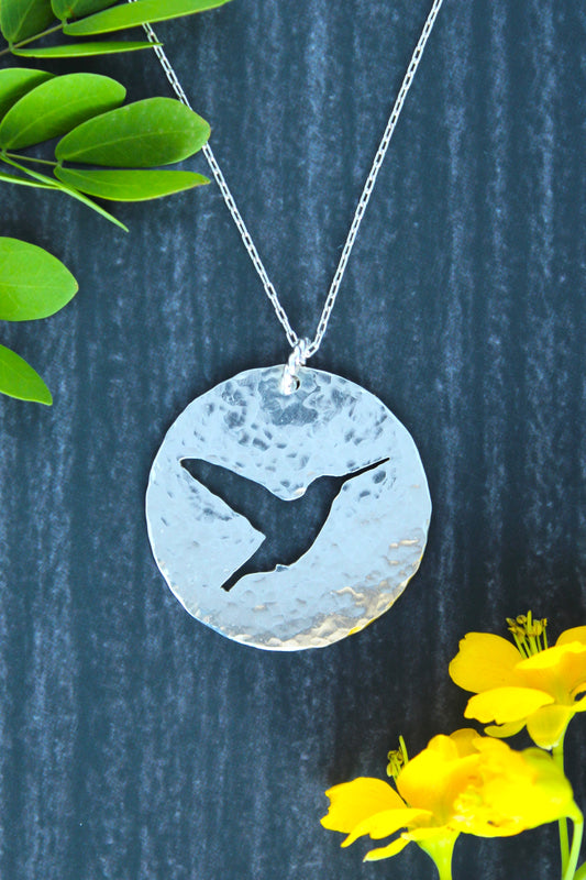 Hummingbird Silhouette Hand Pierced and Hammered Sterling Silver Circle Pendant Necklace