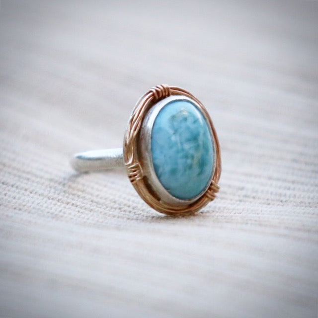 Larimar "Bird's Nest" Sterling Silver and 14k Gold Ring | Size 6.5