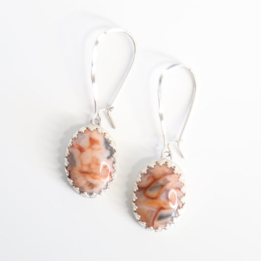 Lace Agate Oval Gemstones in Pink and Gray, set in a patterned sterling silver bezel with long texturized kidney earwires