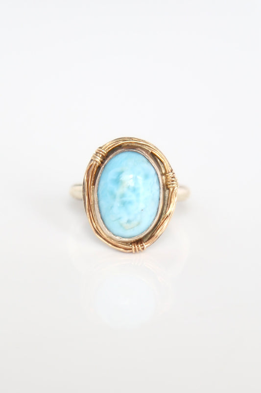 Larimar "Bird's Nest" Sterling Silver and 14k Gold Ring | Size 6.5