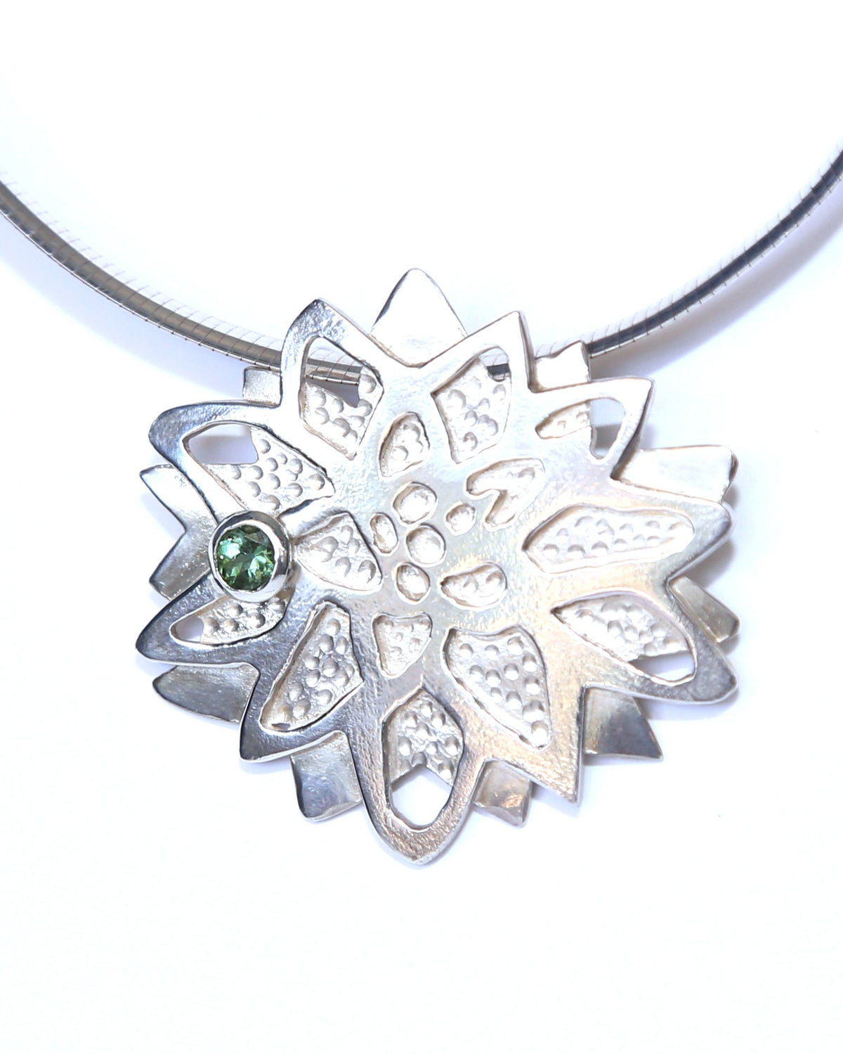 Lotus Bloom with Tourmaline Flower Hand-Pierced Sterling Silver Necklace