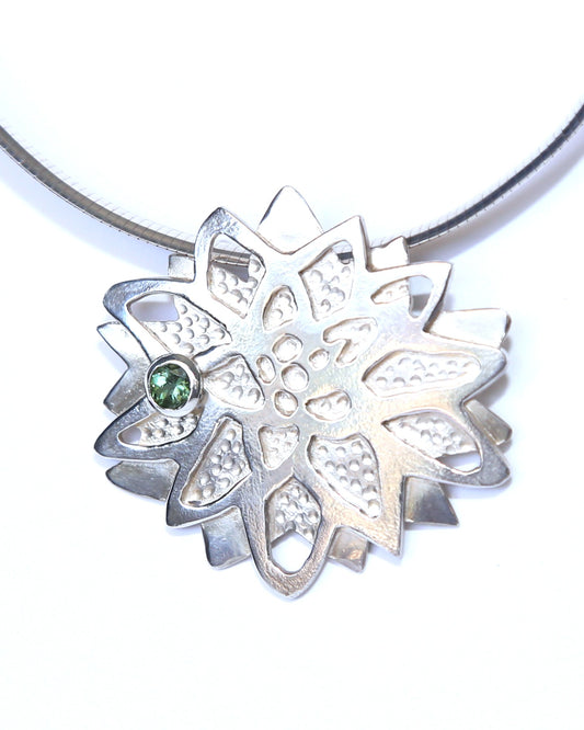 Lotus Bloom with Tourmaline Flower Hand-Pierced Sterling Silver Necklace