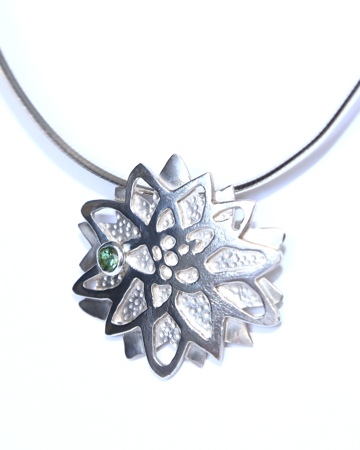 Lotus Bloom with Tourmaline Flower Hand-Pierced Sterling Silver Necklace