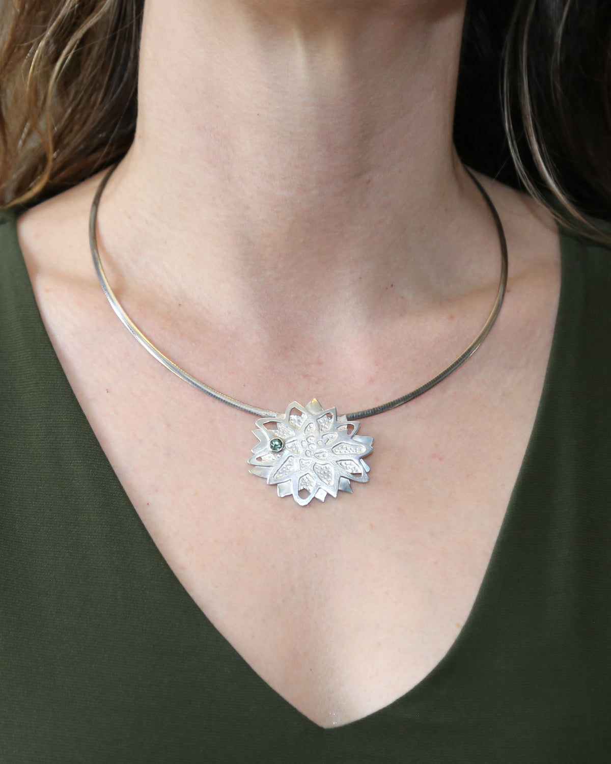 Lotus Bloom with Tourmaline Flower Hand-Pierced Sterling Silver Necklace