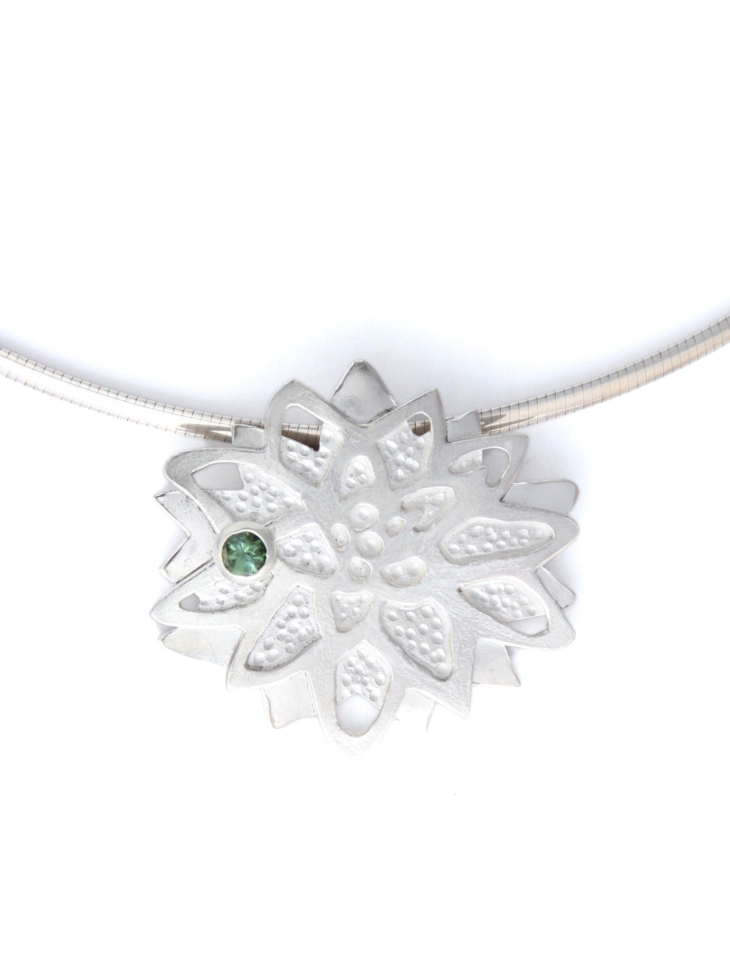 Lotus Bloom with Tourmaline Flower Hand-Pierced Sterling Silver Necklace