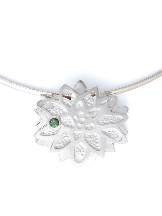 Lotus Bloom with Tourmaline Flower Hand-Pierced Sterling Silver Necklace