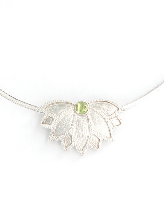 Lotus Fan Flower Hand-Pierced Sterling Silver Necklace with Peridot
