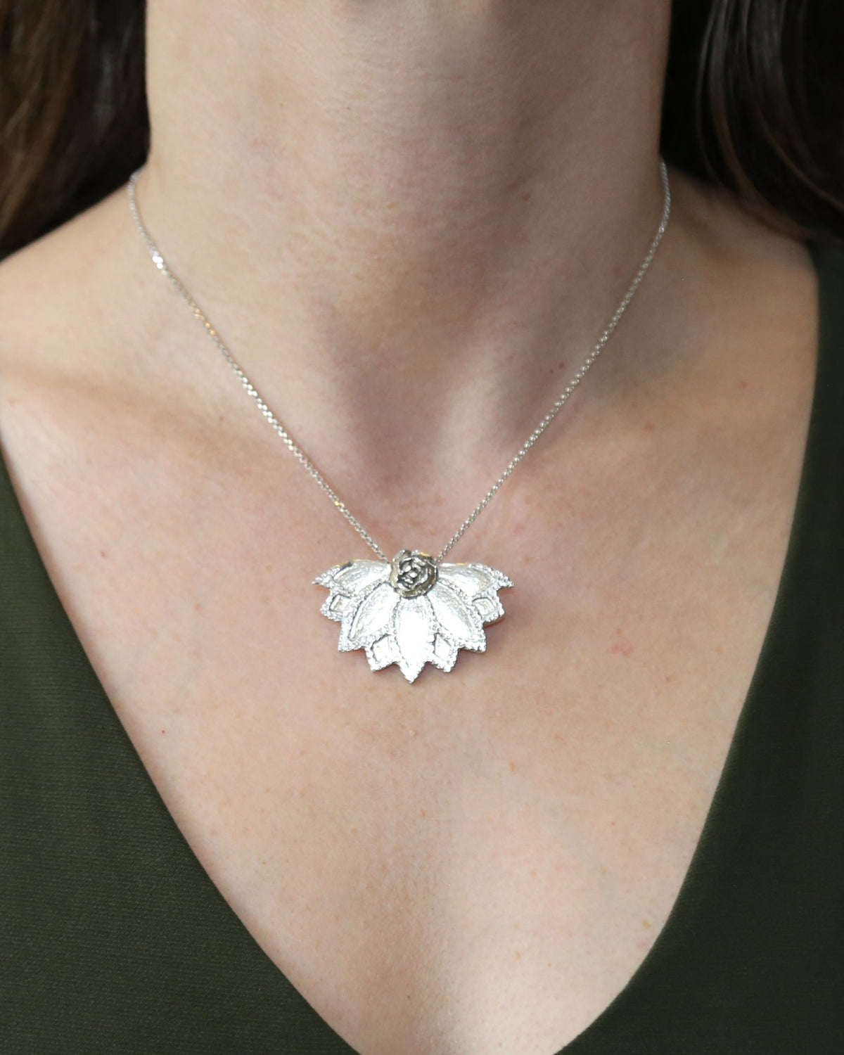 Lotus Fan Succulent Flower Hand-Pierced Sterling Silver Necklace