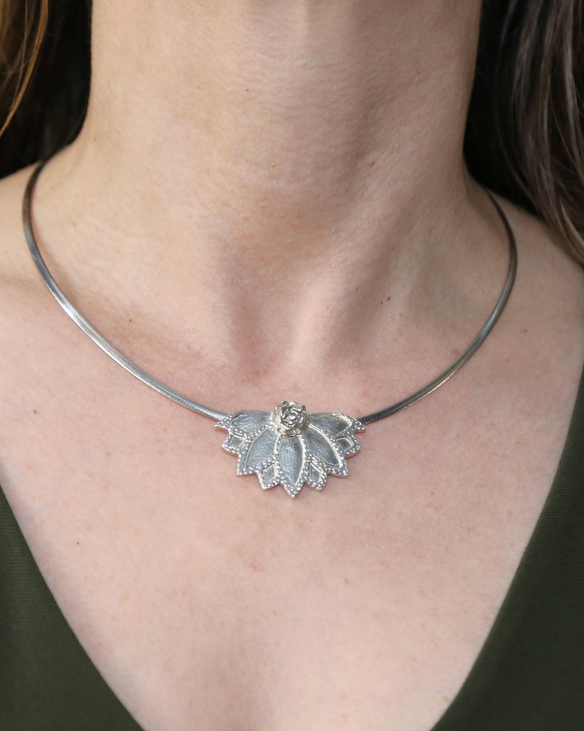 Lotus Fan Succulent Flower Hand-Pierced Sterling Silver Necklace