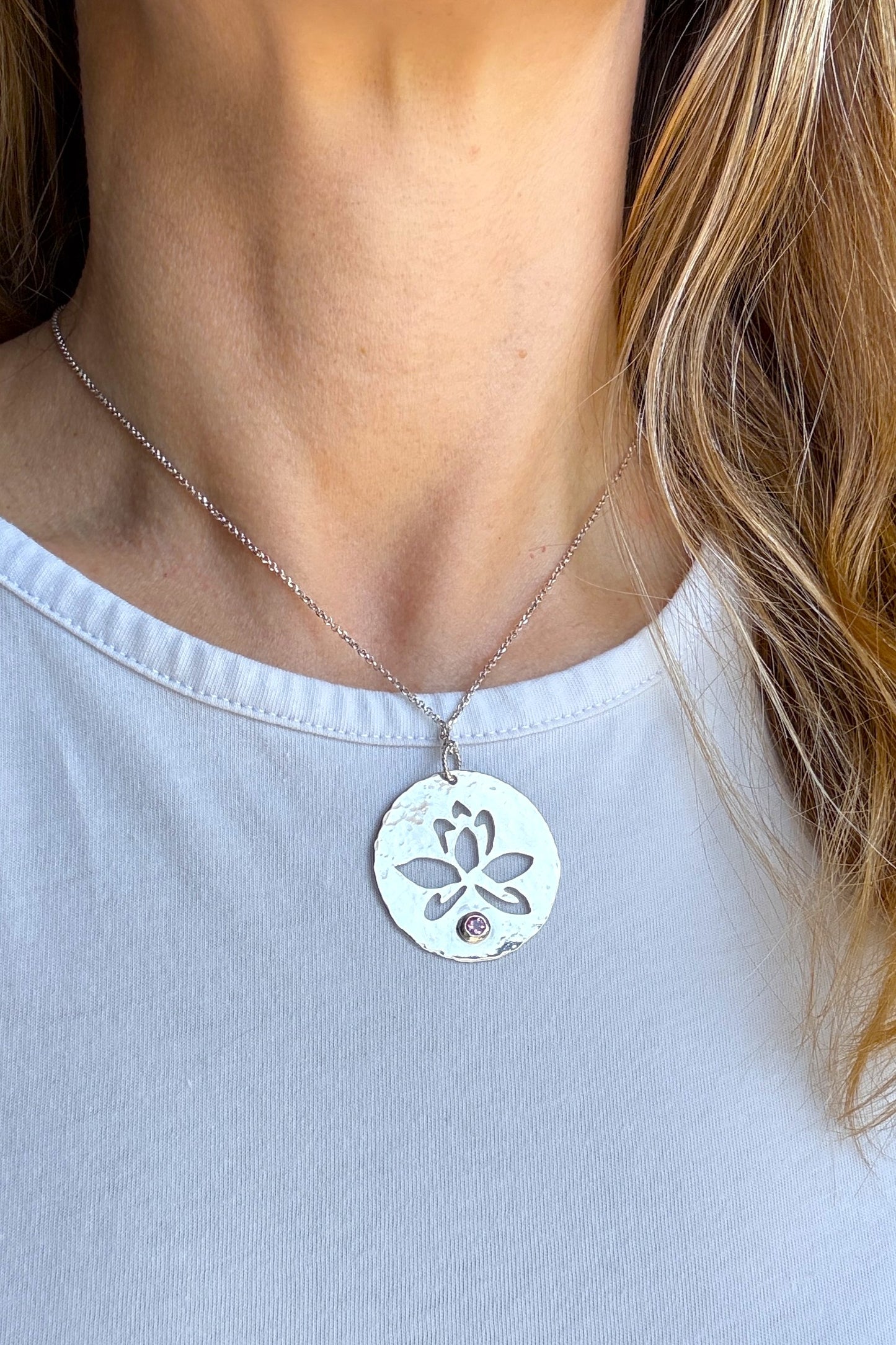 Lotus Flower with Pink Tourmaline | Hand-Pierced Sterling Silver Necklace