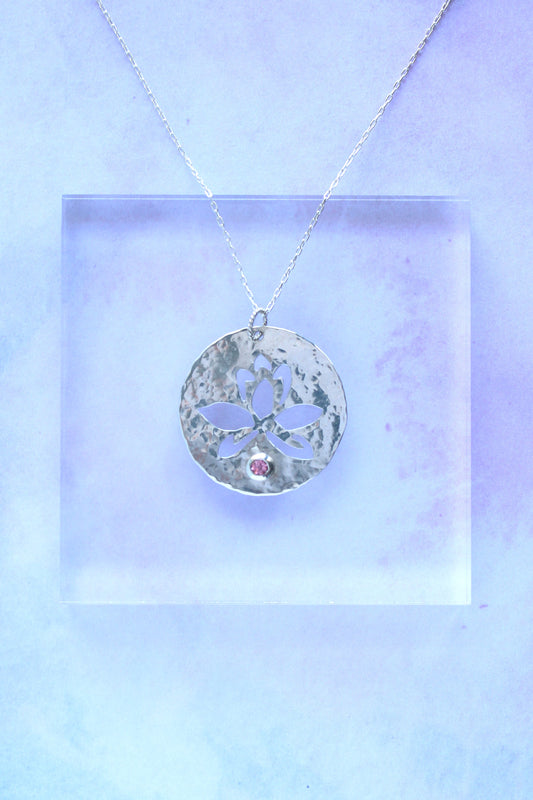 Lotus Flower with Pink Tourmaline | Hand-Pierced Sterling Silver Necklace