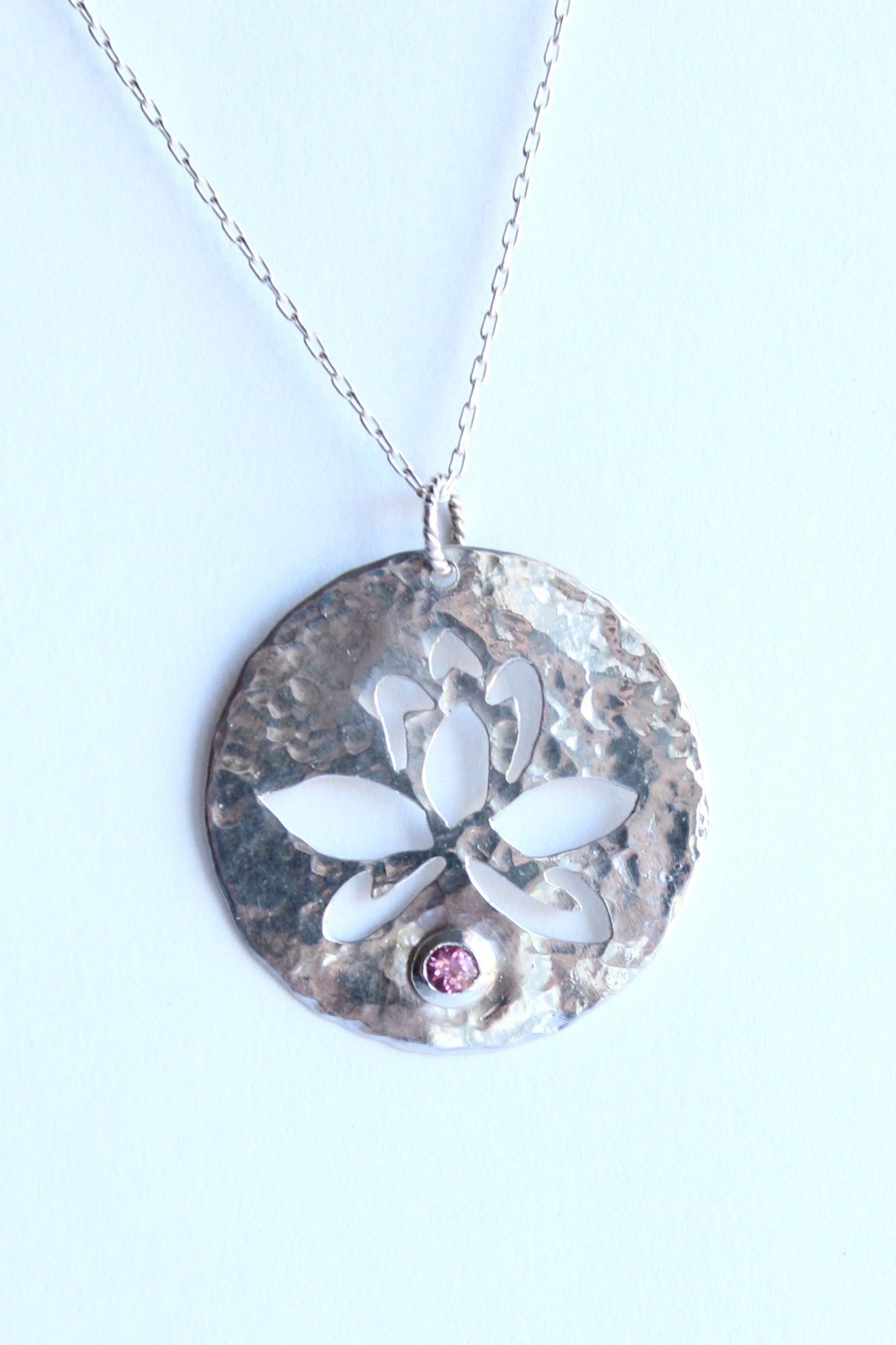 Lotus Flower with Pink Tourmaline | Hand-Pierced Sterling Silver Necklace