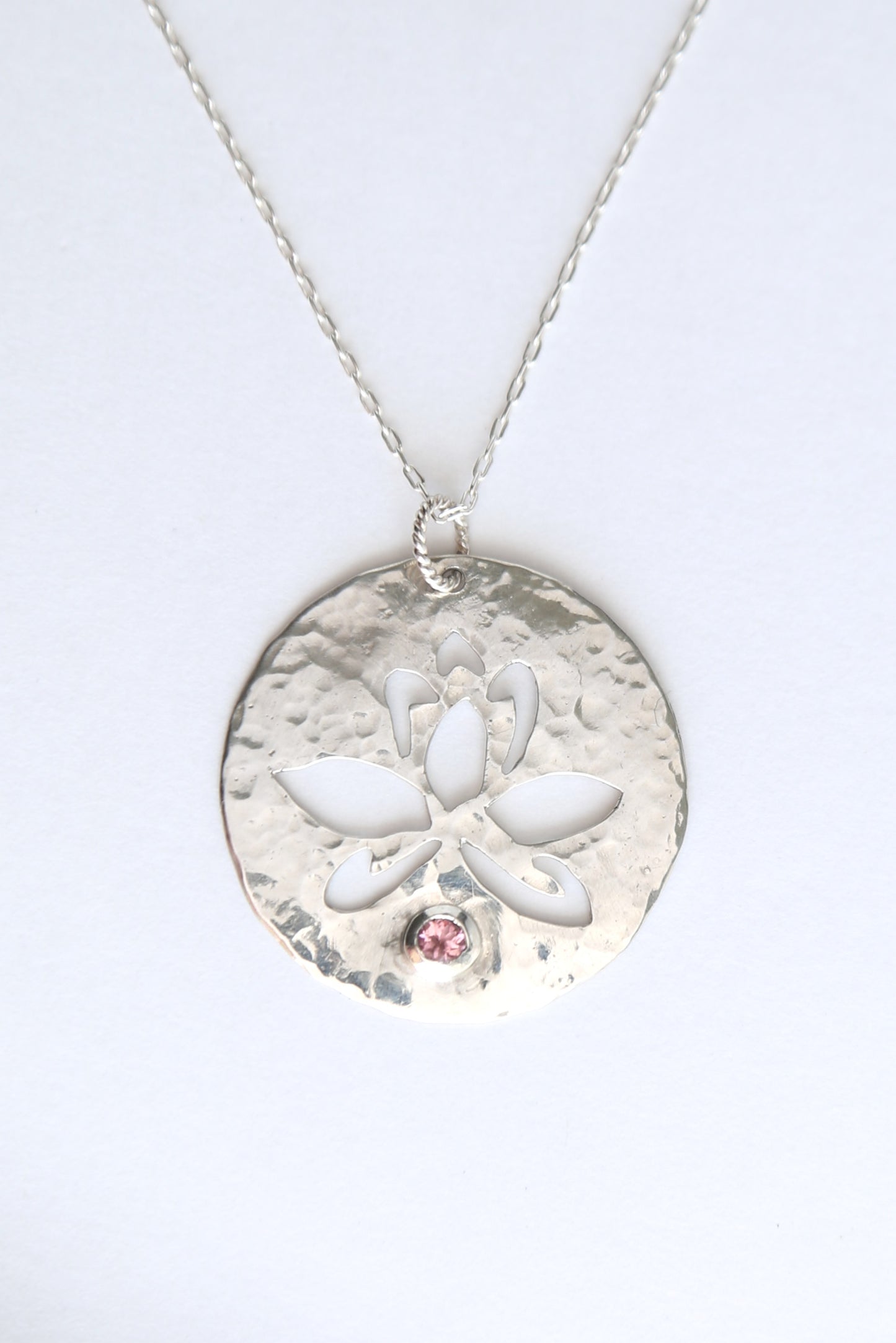 Lotus Flower with Pink Tourmaline | Hand-Pierced Sterling Silver Necklace