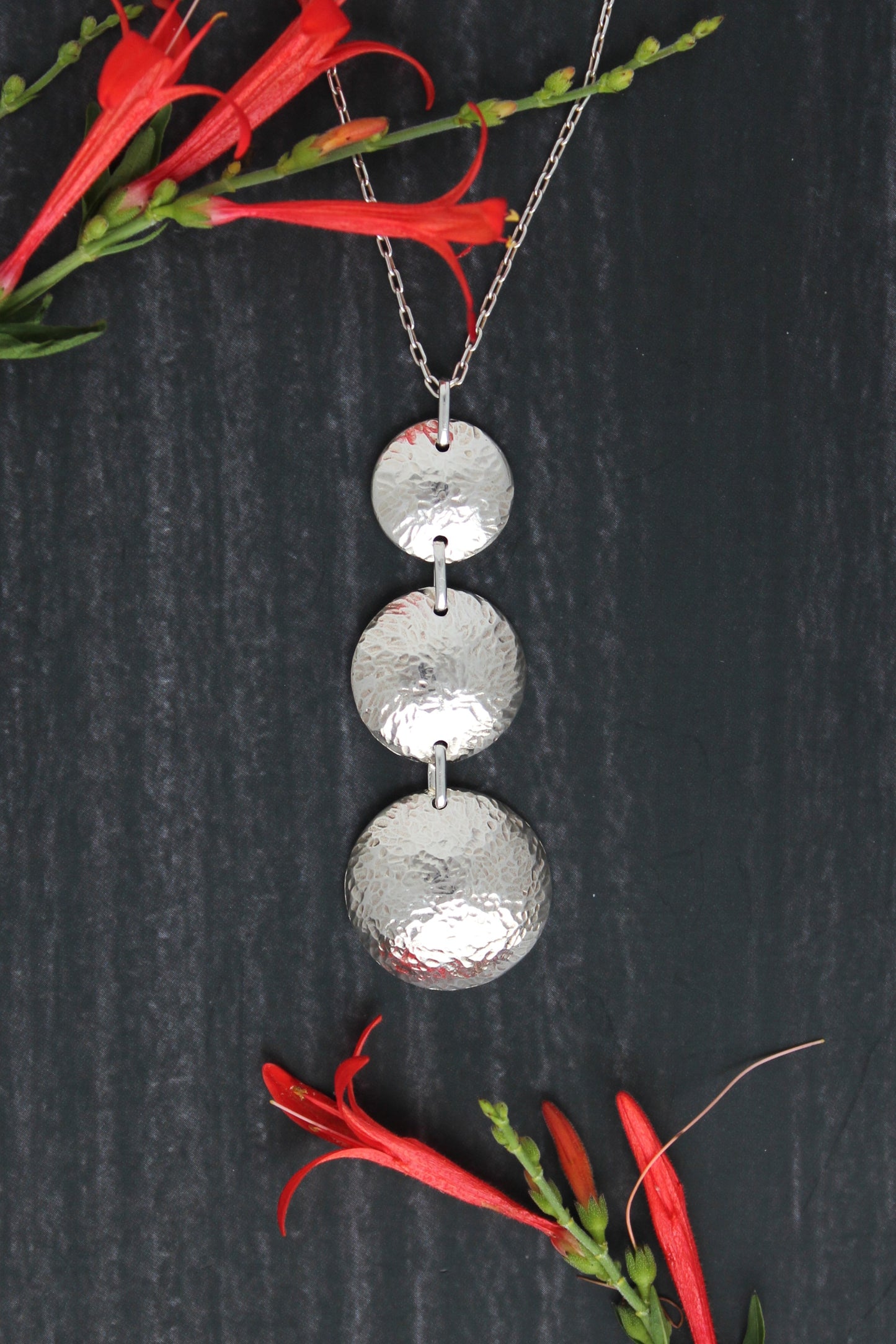 Luna Hammered Circles Sterling Silver Everyday Pendant Necklace. Handmade by Cara Carter Jewelry
