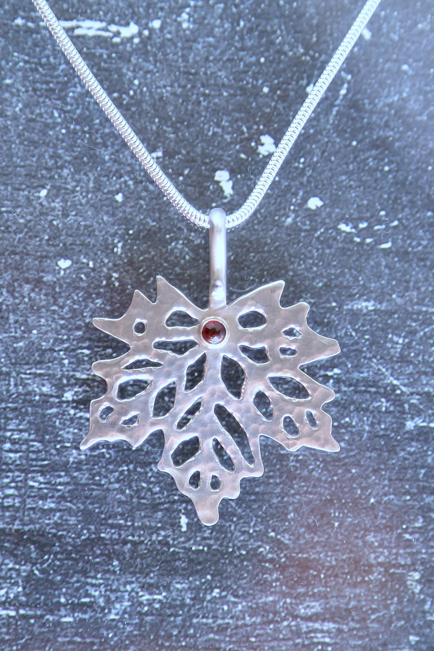 Garnet Maple Leaf Hand-Pierced Necklace