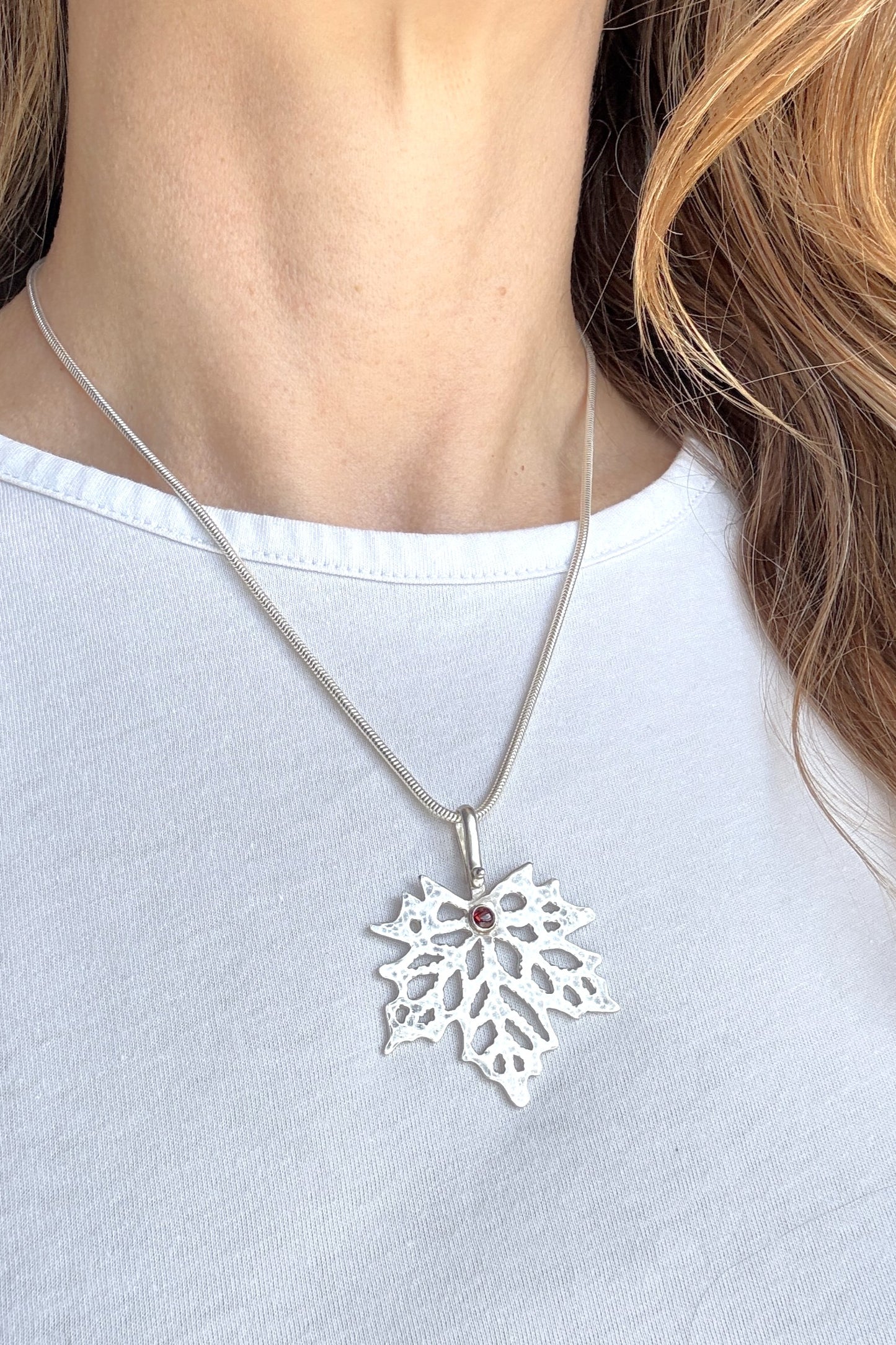 Garnet Maple Leaf Hand-Pierced Necklace