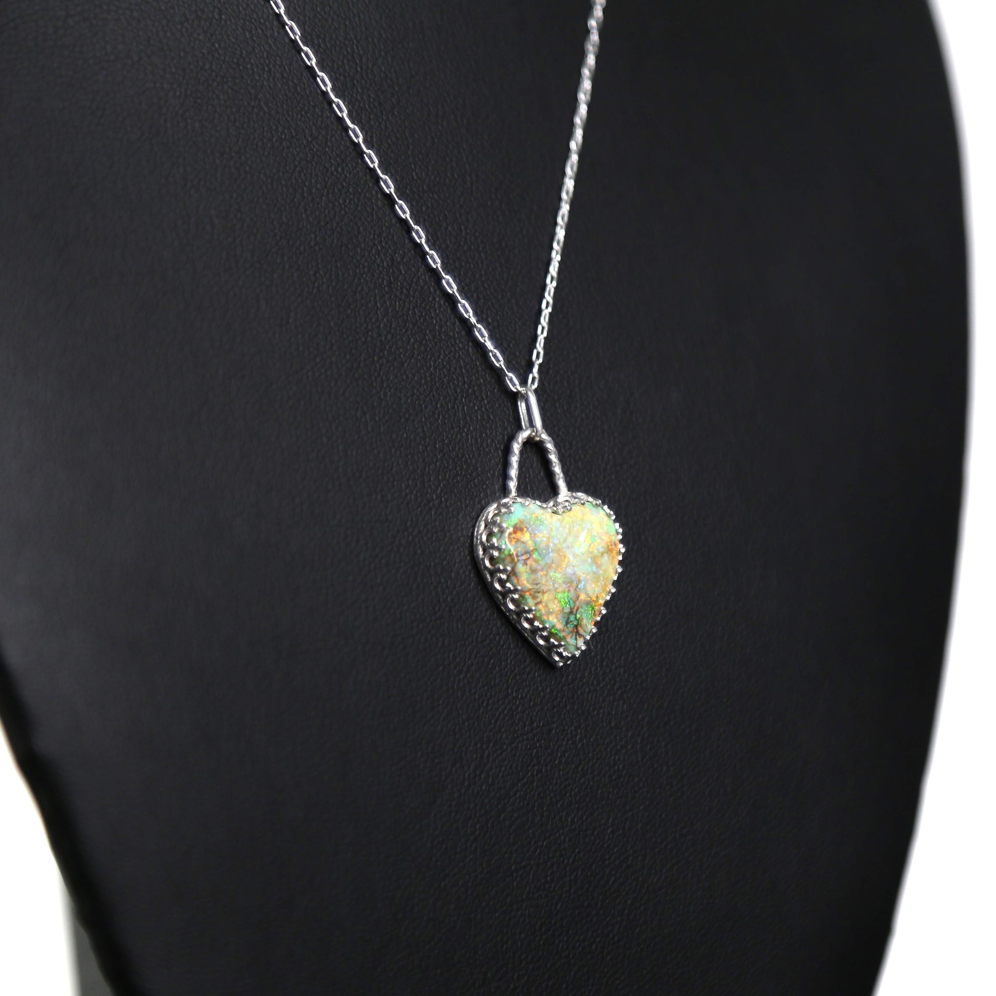 Monarch Opal Green Orange Cream Heart Shaped Gemstone Handmade Pendant Necklace in Sterling Silver
