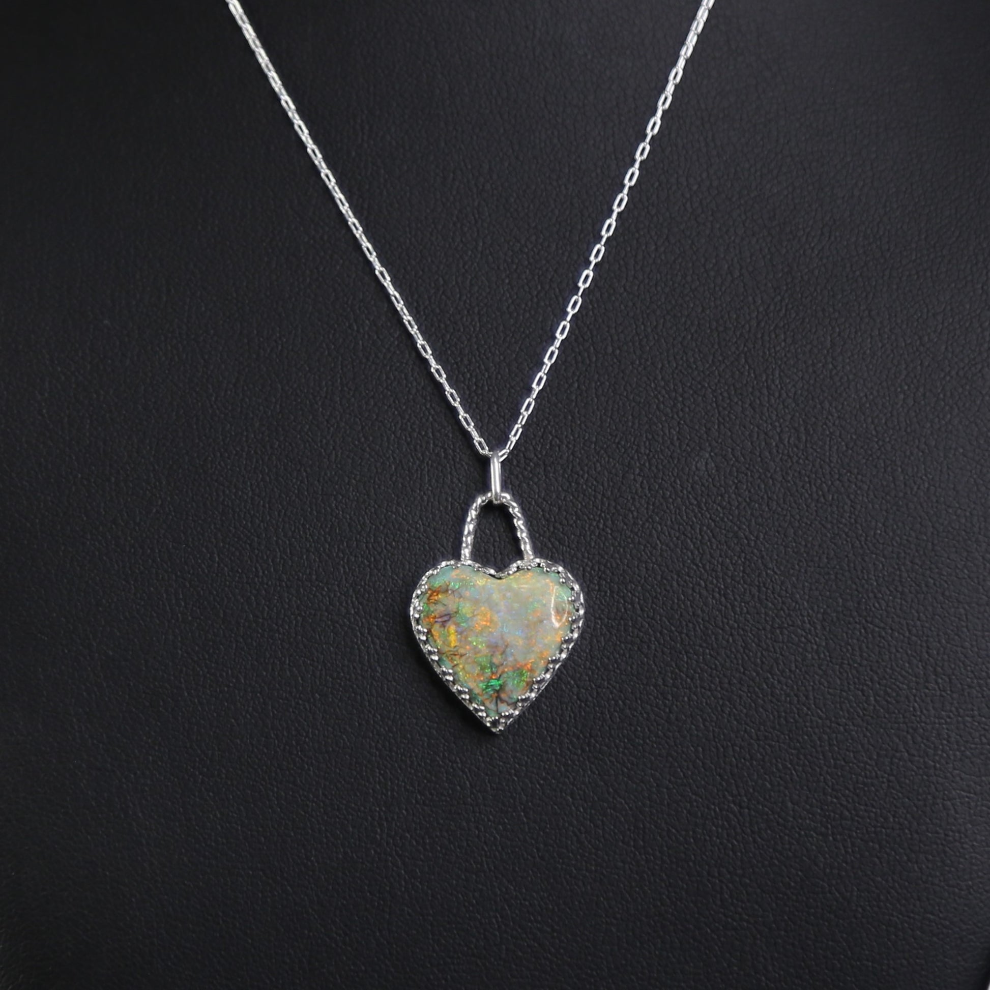 Monarch Opal Green Orange Cream Heart Shaped Gemstone Handmade Pendant Necklace in Sterling Silver
