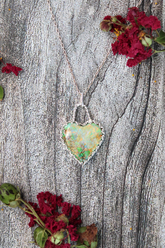 Lab Created Monarch Opal Gemstone Heart Sterling Silver Pendant Necklace. Handmade by Cara Carter Jewelry