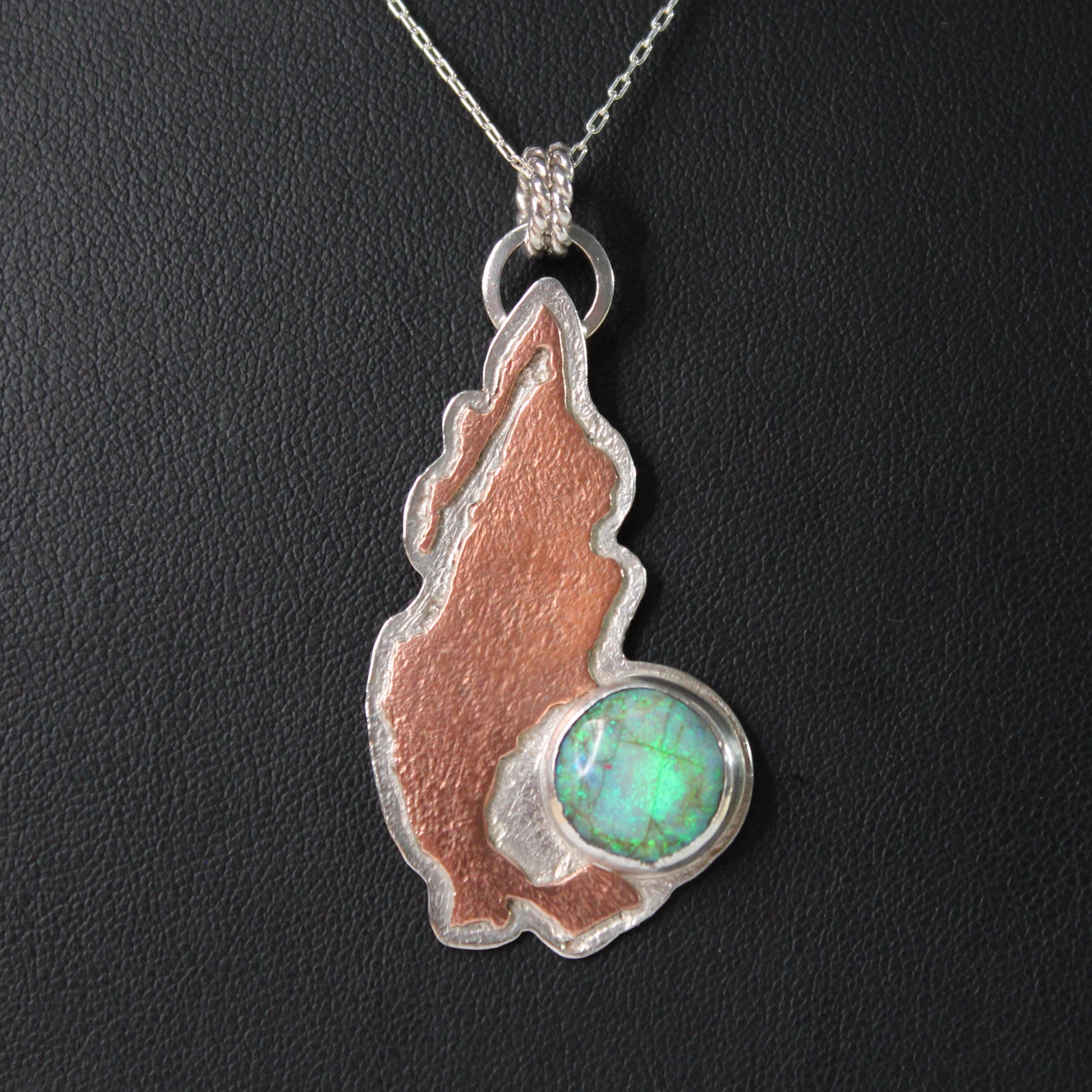 Monarch Opal Mexico Hand Cut Pendant in Sterling Silver and Copper