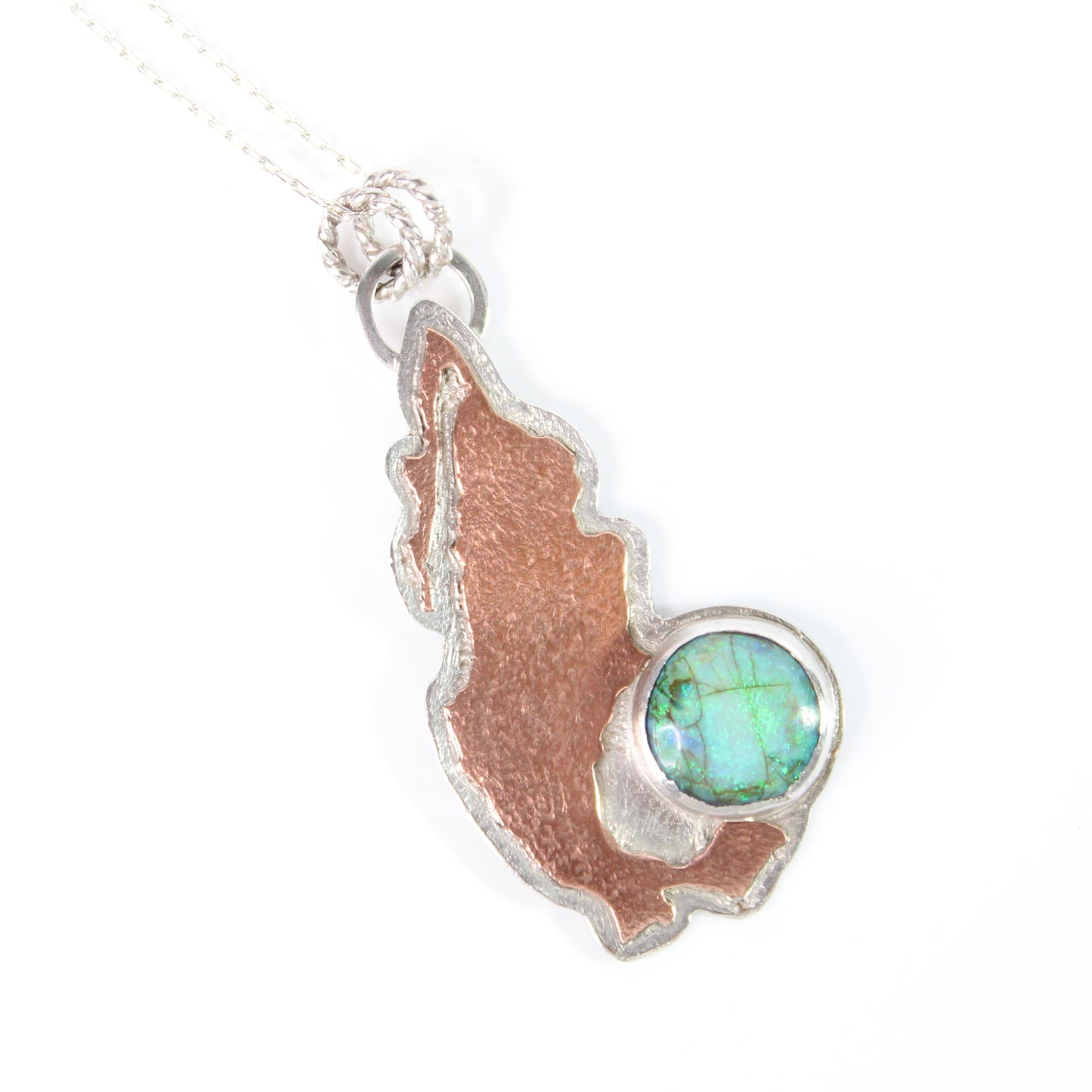 Monarch Opal Mexico Hand Cut Pendant in Sterling Silver and Copper