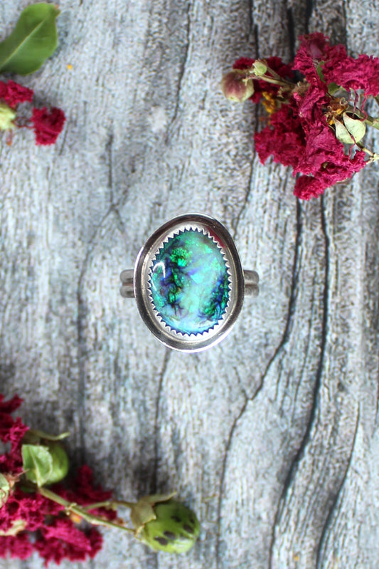 Lab Created Blue Green Monarch Opal Gemstone set in Sterling Silver. Handmade by Cara Carter Jewelry